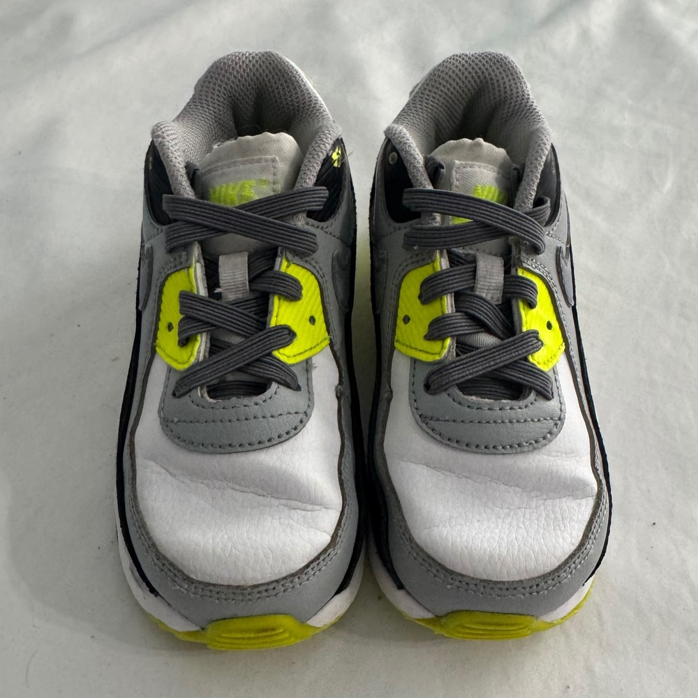 Nike Air Max 90 Kids Sneakers Youth Size 10C White/Grey/Volt Yellow No Tie Shoes